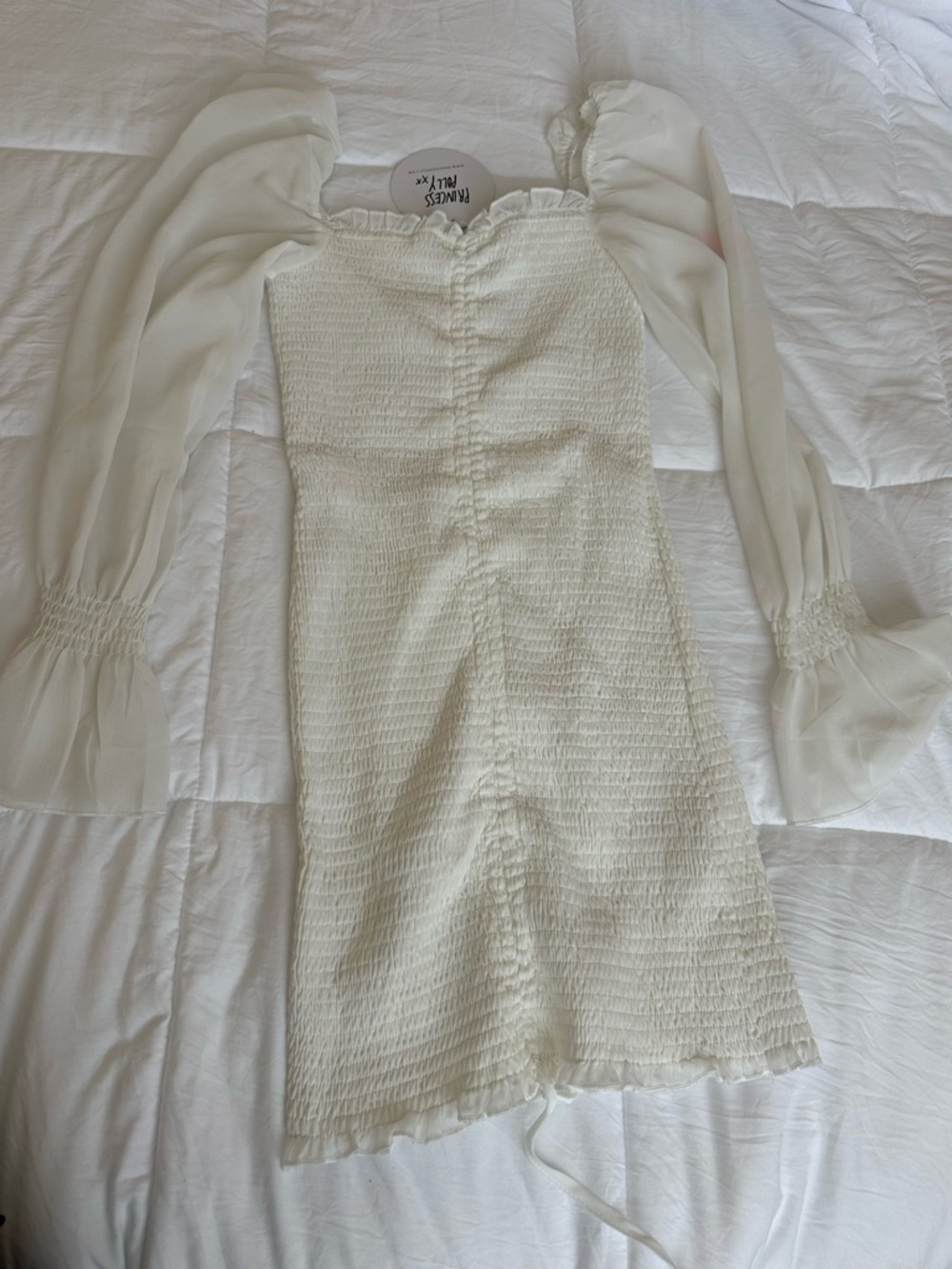 Princess Polly Ivory Smocked Off-Shoulder Dress with Sheer Bishop Sleeves